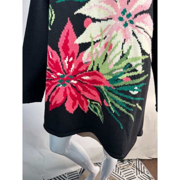 Belle Isle  Poinsettia Holiday Sweater  1X Black   Cotton Blend - Picture 3 of 16